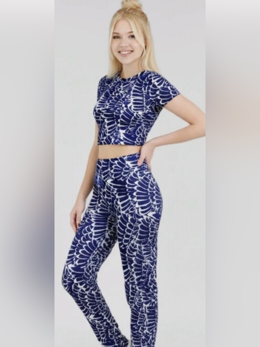 NWT Ed Hardy Navy Blue & White Patterned Legging Set Top L Pant M